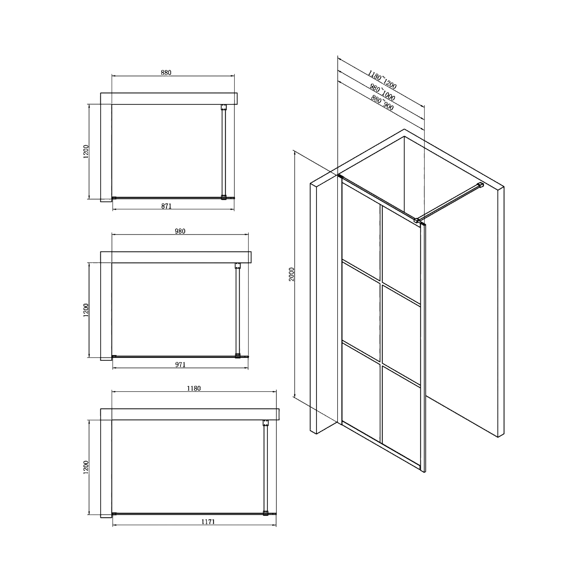 Sch&eacute;ma dimensions - Paroi de douche EXTATY 5 configuration 3
